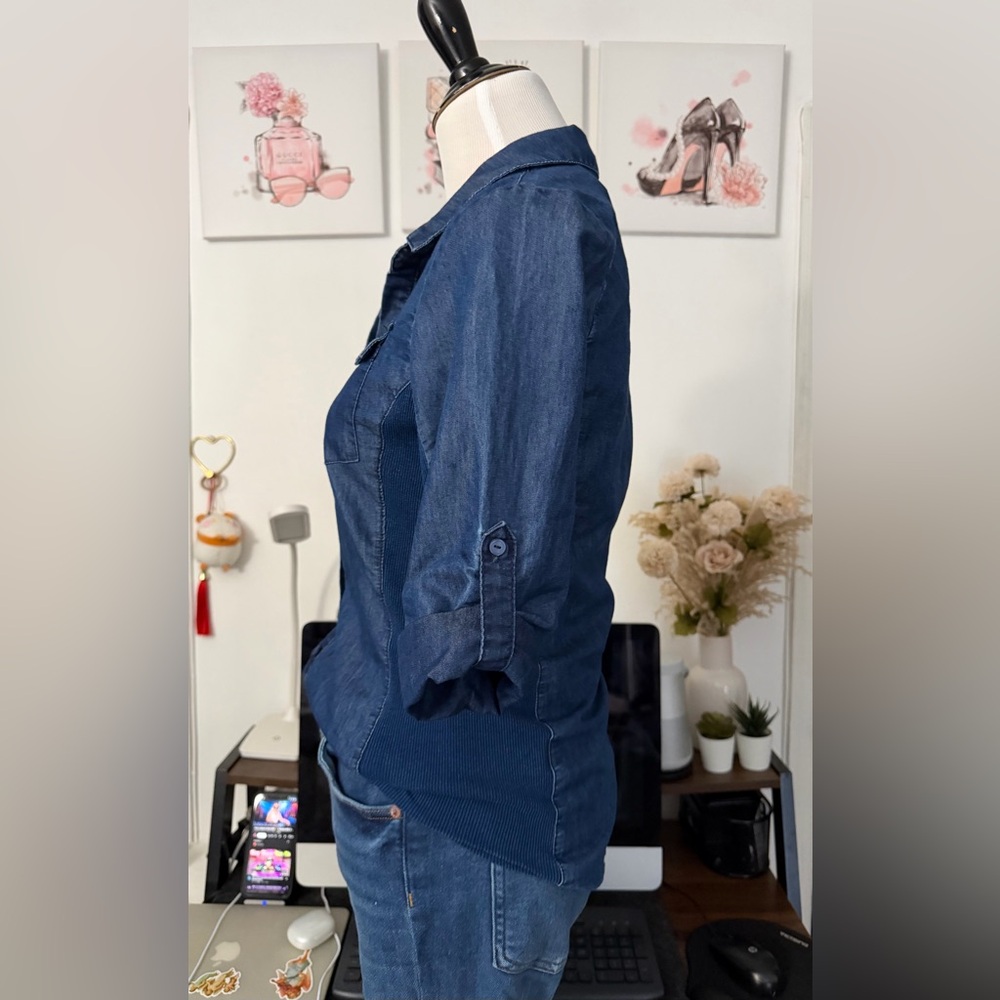🍒Brand New without tag Cavalini Dark Blue Denim Button-Down Shirt - Picture 4 of 6